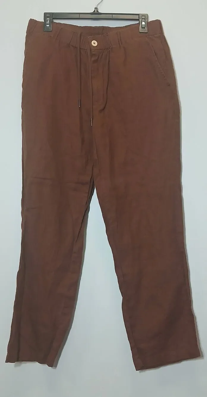 Quince womens medium rust brown wide leg linen pants elastic waist drawstring